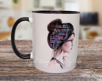 Book lover mug, coffee mug, 11oz or 15oz coffee mug, sublimation mug, womans profile mug, messy bun mug, library brain mug