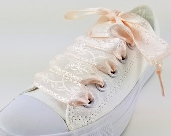 Pair of Satin laces, Wedding shoelaces, 7/8 inch satin laces, Satin ribbon shoelaces, Blush embossed laces , Dance team laces