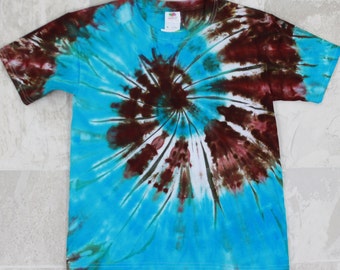 Youths Tie Dyed shirt-Size M Gildan T shirt-Turquoise and brown ice dyed spiral t shirt-Short sleeved shirt-Ice dyed shirt