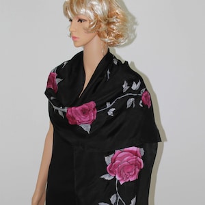 Hand painted habotai silk scarf, digital red roses with gray leaves on a black background, Made to order