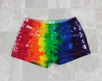 Tie dyed cotton shorts, rainbow shorts, hand dyed rainbow shorts,  women's cotton twill shorts, made to order. 3.5" hem shorts