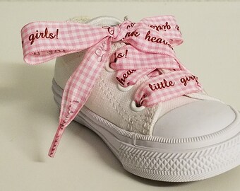 Pair of Pink gingham laces, Thank Heaven for Little Girls shoelaces, printed laces,  Baby shoelaces, 5/8 inch satin laces