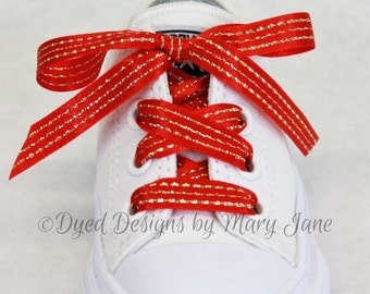 Pair of Satin Ribbon shoelace, Gold and Red laces, Gold threaded satin laces,  3/8"  Shoelaces, Elegant Satin shoelaces, Christmas shoelaces