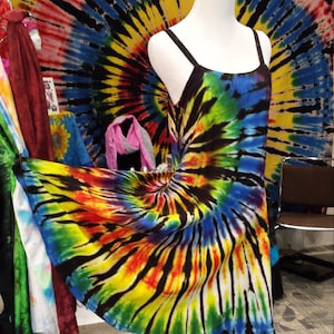 Ladies Rayon Short Ribbon Strap Dress, Spaghetti strap dress,  black backed spiral summer dress, tie dyed primary color short dress