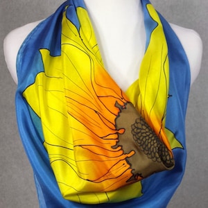 Silk scarf, hand dyed silk scarf, square silk scarf, Yellow sunflower with  blue  background 30&quot;x30&quot;  square made to order
