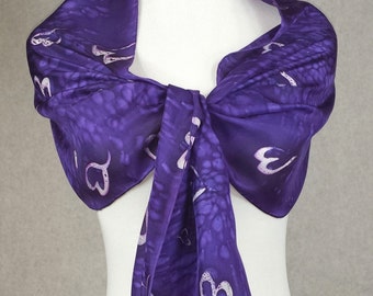 Hand painted habotai silk scarf. Deep Purple shawl with white valentine hearts. 14"x72" Valentines heart scarf