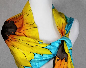 Hand painted  habotai silk scarf.  Yellow Sunflowers on a Turquoise background, made to order, sunflower scarf