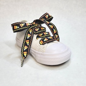 Candy Corn shoelaces, Halloween Ribbon, 5/8&quot;  Shoelaces, Cute Candy corn shoelaces, Halloween shoelaces, Black and orange grosgrain lace
