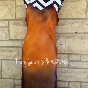 Silk Charmuse Chemise, hand dyed dress, Brown and burnt orange ombré slip, Spaghetti strap dress. Silk lingerie