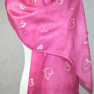 Hand Dyed habotai silk scarf,  Light Pink shawl with white valentine hearts, Valentines heart scarf