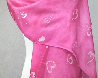 Hand Dyed habotai silk scarf,  Light Pink shawl with white valentine hearts, Valentines heart scarf