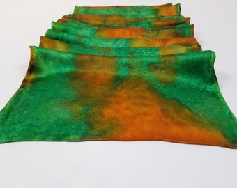 Hand dyed satin scarf, Copper patina silk scarf, green and brown silk scarf, hand dyed shawl, Green and brown silk, copper toned silk