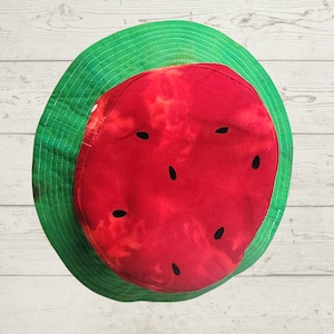 Watermelon dyed bucket hat, watermelon bucket hat, unisex bucket hat, crusher bucket cap, Adult sized hat, hand dyed hat, red green hat