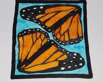 Silk Butterfly scarf, square silk scarf, Monarch butterfly scarf, Hand dyed silk scarf, Orange, blue and black silk scarf,  30" x 30"