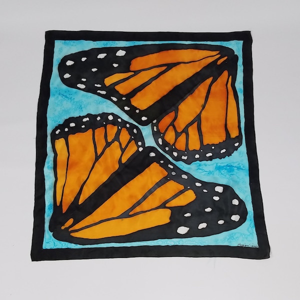 Silk Butterfly scarf, square silk scarf, Monarch butterfly scarf, Hand dyed silk scarf, Orange, blue and black silk scarf,  30" x 30"