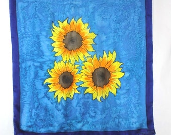 Sunflower Silk scarf, hand dyed silk scarf, square silk scarf, 3 Yellow sunflowers on a blue background with a darker blue border