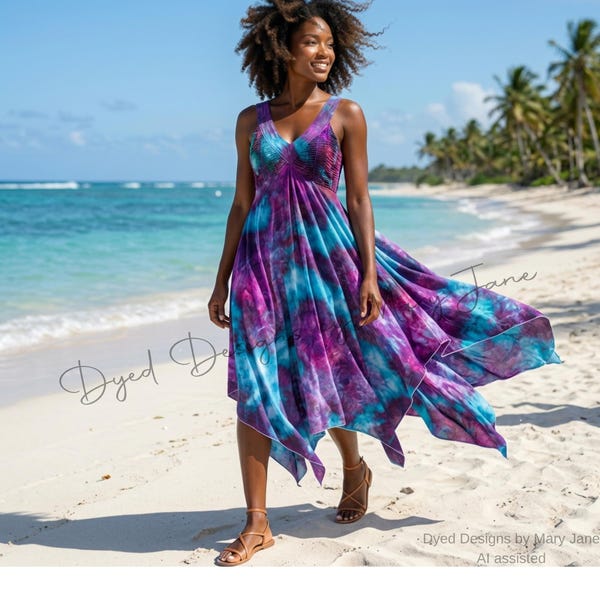 Tie dye fairy dress, V-neck festival dress, ruched bodice with handkerchief bottom hem, knee length dress