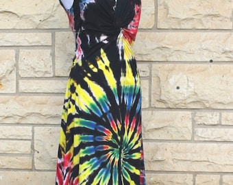 Tie dye dress, twisted front mid length dress, Multi colored swirl, tie dyed swirl dress,  cotton tie dyed tank dress