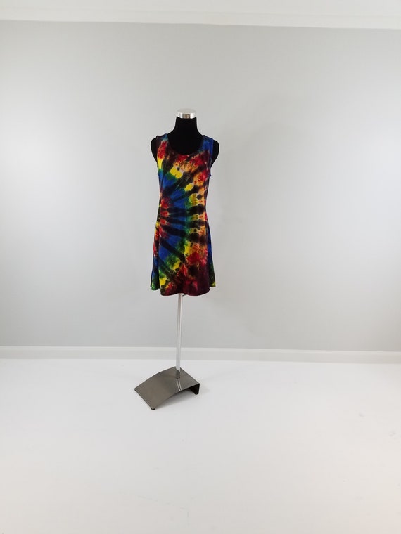Ladies Rayon Short dress, Tank Strap dress, Above knee length dress, Black backed spiral summer dress, tie dyed primary color Short dress,