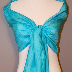 Hand painted silk scarf 14&quot;x72&quot; Shibori technique in turquoise, turquoise silk scarf, sea blue silk, blue silk scarf