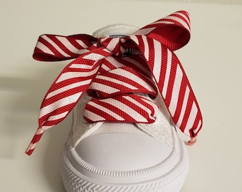 Pair of Grosgrain Candy Cane striped Ribbon, 5/8"  Shoelaces, Elegant grosgrain shoelaces, Christmas shoelaces, Red shoelaces