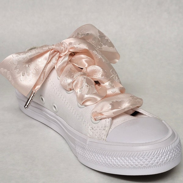 Pair of Wide Satin laces, Light pink embossed floral satin laces, 1.5 inch satin laces, Satin shoelaces, Wedding shoelaces