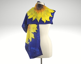 Hand painted  habotai silk scarf.  Yellow Sunflowers on a dark blue background, made to order