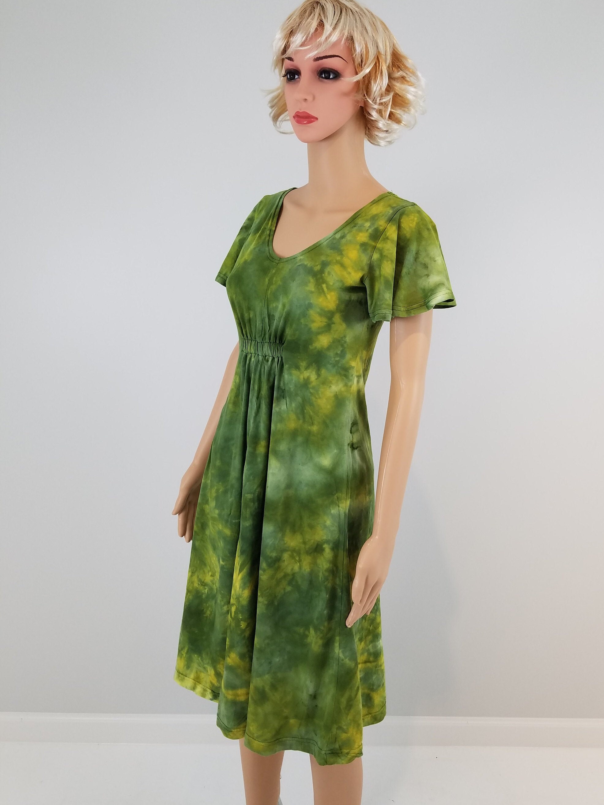 green tie dye dress, butterfly cinch dress, knee length dress, tie dye dress, cap sleeved green dress, green yellow dress, Beach cover up
