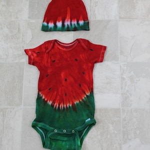 Tie dyed baby Onesie, hand dyed red and green watermelon look, baby romper and hat, multi colored baby one piece underwear