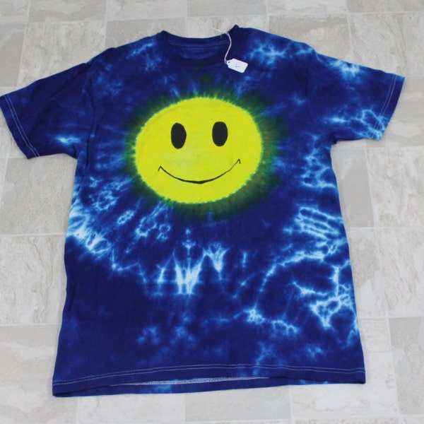 Happy Face T-shirt, Men's tie dye shirt, Ice dyed tie dye, Blue abstract with yellow face, Gildan Brand T-Shirt