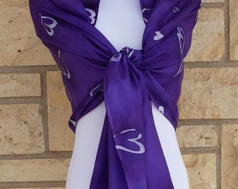 Hand dyed habotai silk scarf. Extra wide Deep Purple shawl with white valentine hearts. 22"x72", Valentines heart scarf