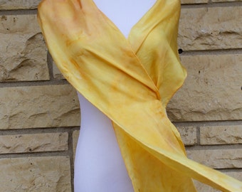 Yellow silk scarf, hand dyed yellow silk scarf, yellow and apricot silk, 8"x72" narrow scarf, yellow and apricot abstract scarf