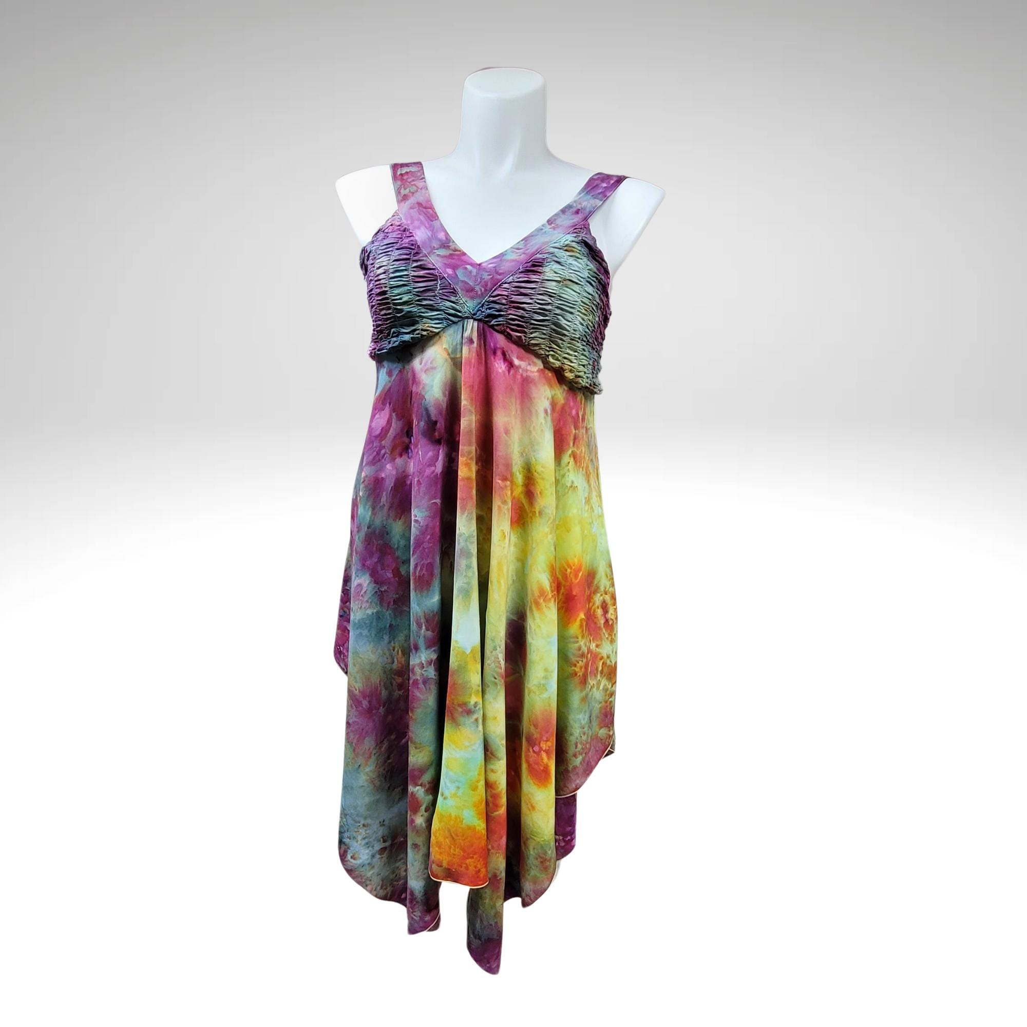 Tie Dye Fairy Dress, V-Neck Festival Dress, Ruched Bodice with Handkerchief Bottom Hem, Knee Length Dress
