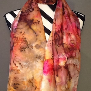 Hand dyed habotai silk scarf. Abstract orange, chocolate brown, yellow and red abstract. made to order, multi colored silk,