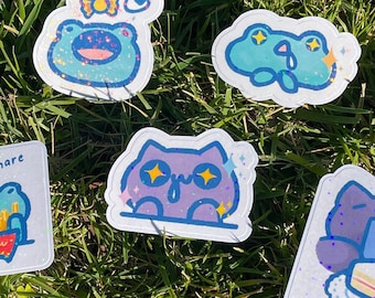 Funny Frog & Cat Holographic Stickers: Waterproof Kawaii Foodie Gift