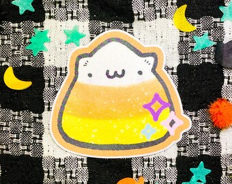 Cat Candy Corn Waterproof Vinyl Sticker / Cute Kitty Sparkly Halloween Sticker / Kawaii Fall holographic Sticker for waterbottle laptop