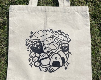 Joli sac fourre-tout en toile de cuisine japonaise/sac en coton esthétique kawaii pour collations asiatiques/sac de courses Onigiri Sushi Takoyaki/sac réutilisable de nourriture de marché
