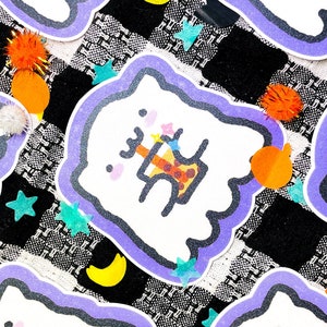 Boba Cat Ghost Sticker: Holographic Kawaii Halloween Vinyl