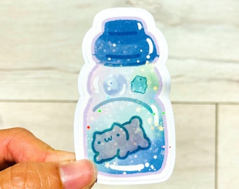 Ramune Cat Sparkly Sticker: Kawaii Japanese Soda Bottle, Waterproof Vinyl