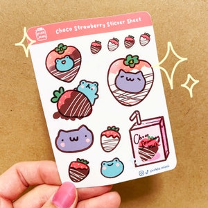 Choco Strawberry Cute Cat Frog Sticker Sheet, Kawaii Pink Journal Stickers, Cute Cozy Art Vinyl Stickers, Valentine&#39;s Sweet Spring Stickers