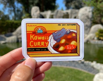 Kawaii Cat Curry Rice Sticker: Waterproof Asian Food Decal