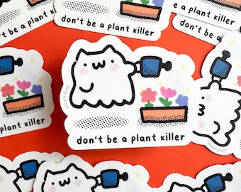Ghost Cat Plant Vinyl Sticker: Funny Halloween Kitty Art