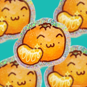 Cute Mandarin Orange Vinyl Sticker, Kawaii fruit Glitter Sticket, Asian Citrus, Lucky Chinese Food for Lunar New Year, Waterproof   Sticker