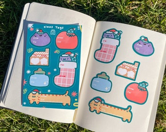Kawaii Christmas Gift Tag Stickers: Cat & Frog, Handmade Vinyl