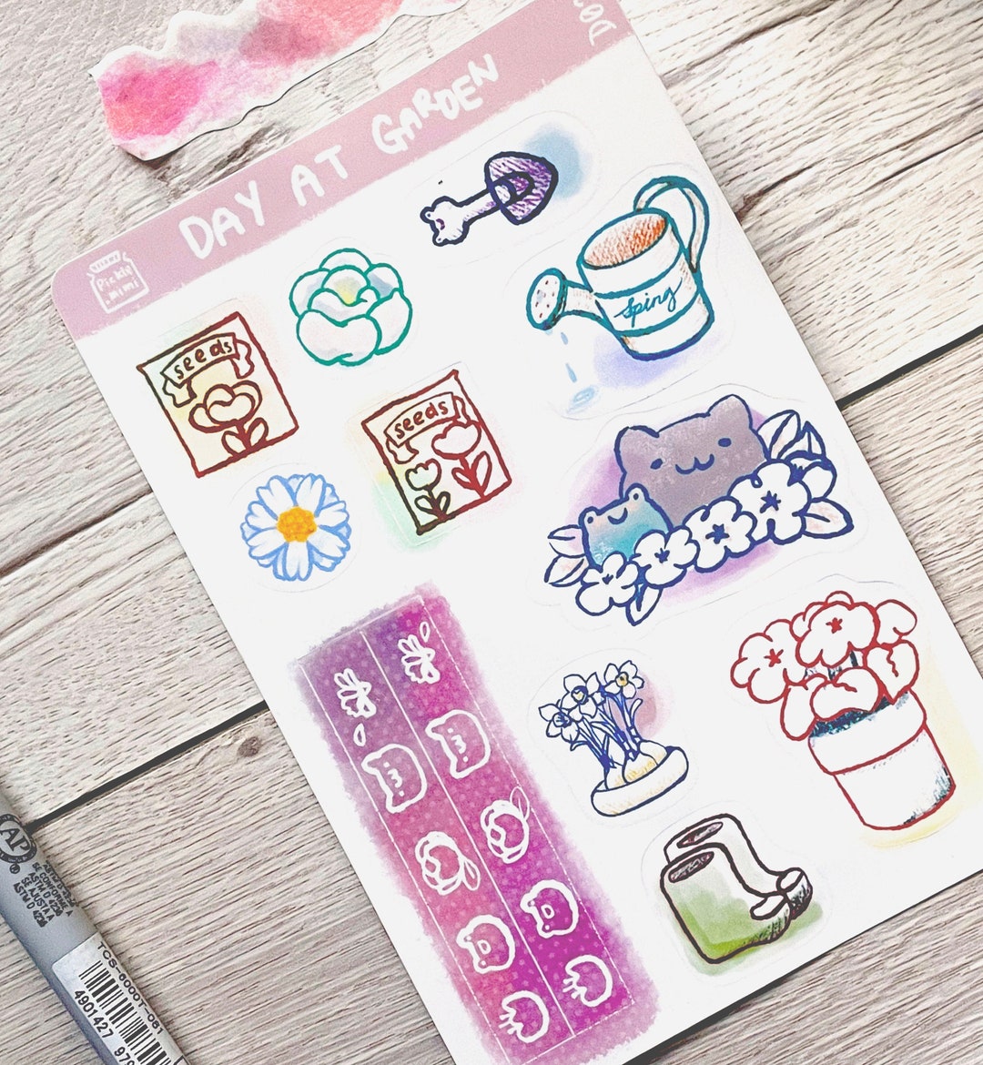 Kitty Spring Sticker Spring Garden Sticker Sheet: Frog, Cat & Flower Stickers (4