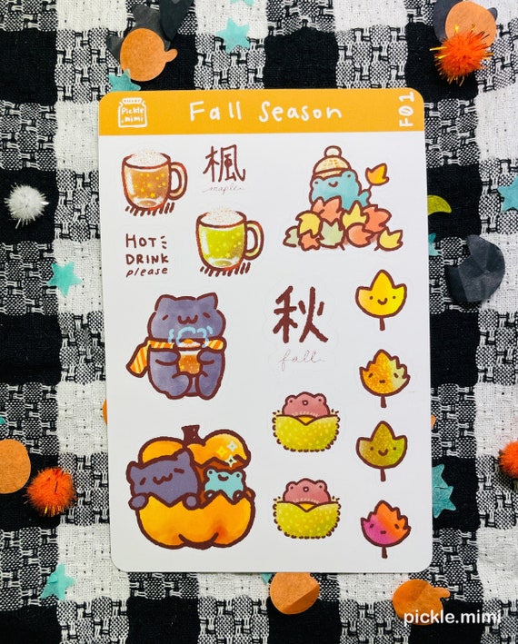 Kawaii Fall Season Sticker Sheet / Coffee Pumpkin Maple Leaf Stickers /  Cute Stickers for Journaling Notes Cards