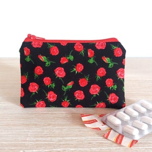 Red Rose Card Wallet, Floral Coin Purse, Zipper Pouch for Credit Cards, Mini Makeup Bag for Lipstick or Birth Control Pills, Teacher Gift