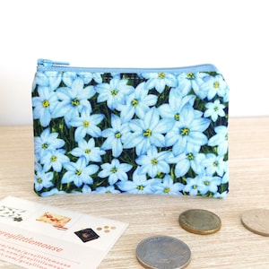 Blue Bell Flowers Card Wallet, Small Floral Pouch Coin Purse, Pill Medication Bag, Made from Cotton, Fully Lined, Teacher Gift Idea