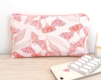 Estuche con cremallera y estampado floral de eucalipto, neceser de maquillaje de algodón hecho a mano en Australia, cartera de viaje.
