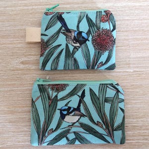 Monedero de chochín azul, tarjetero, bolsa de algodón con cremallera para medicamentos o productos sanitarios, ave nativa australiana, regalo para mujer